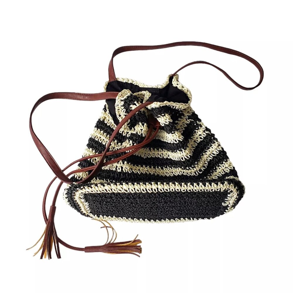 Nora Everyday Striped Drawstring 100% Paper Shoulder Bag Boho Beachy Summer - Picture 2 of 13